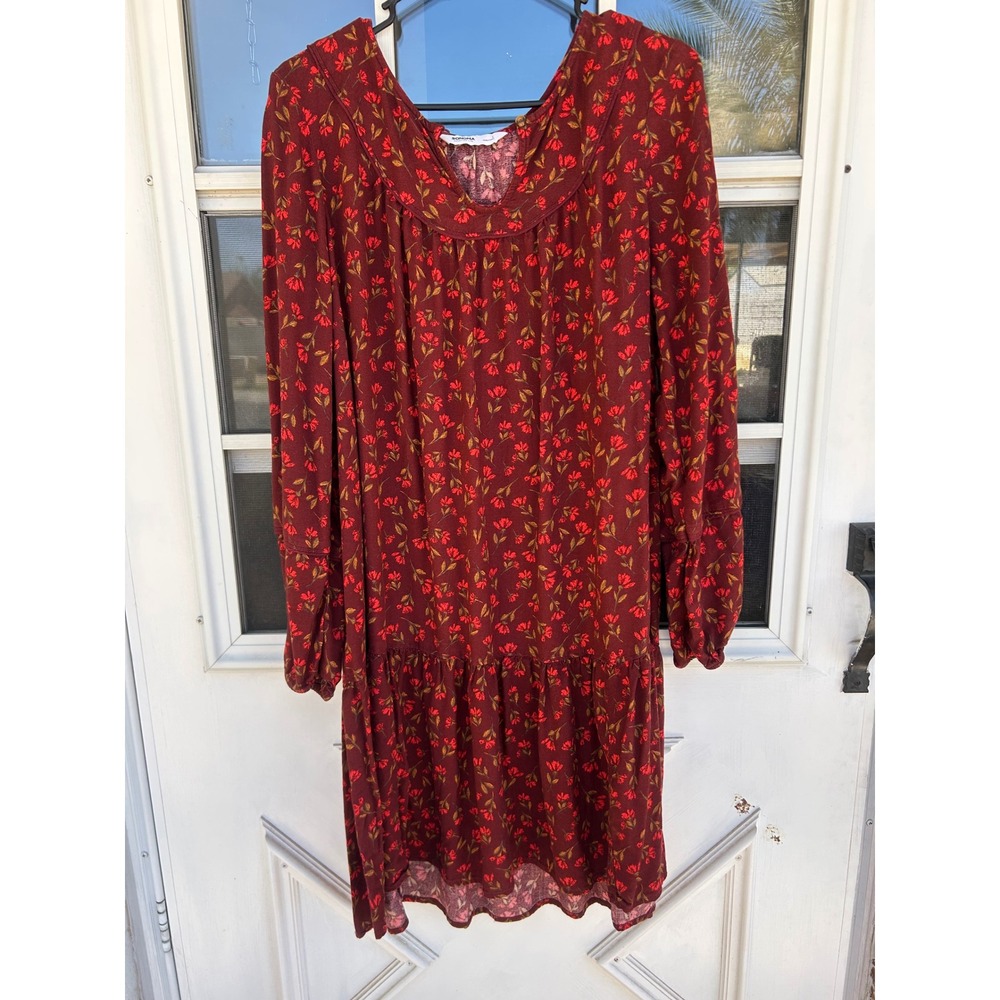 Sonoma Burgundy Floral Tiered Mini Dress Long Sleeve Large Boho Relaxed rayon